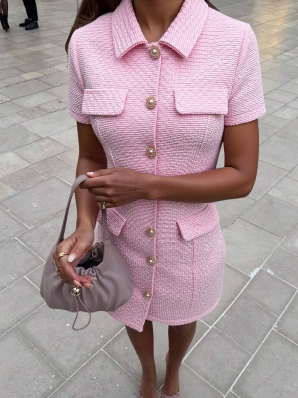 Women's Pink Plaid Elegant Short Sleeve Single-Breasted Mini Dress